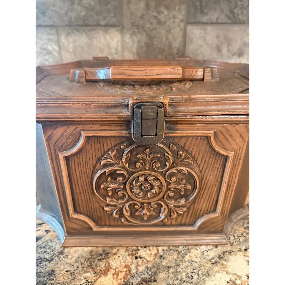 Vintage sewing basket plastic ornate faux wood